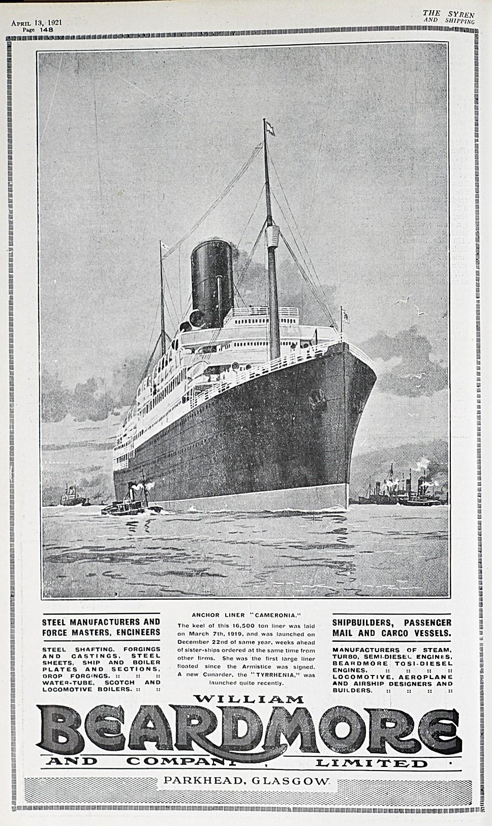 Advert for Beardmore featuring RMS Cameronia